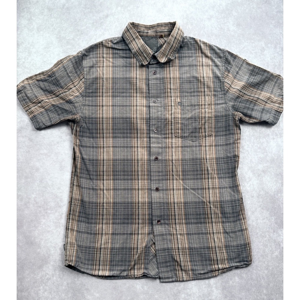 Reef Men's Sz L Plaid Button Up Short Sleeved‎ Shirt Preppy Outdoor Casual Brown